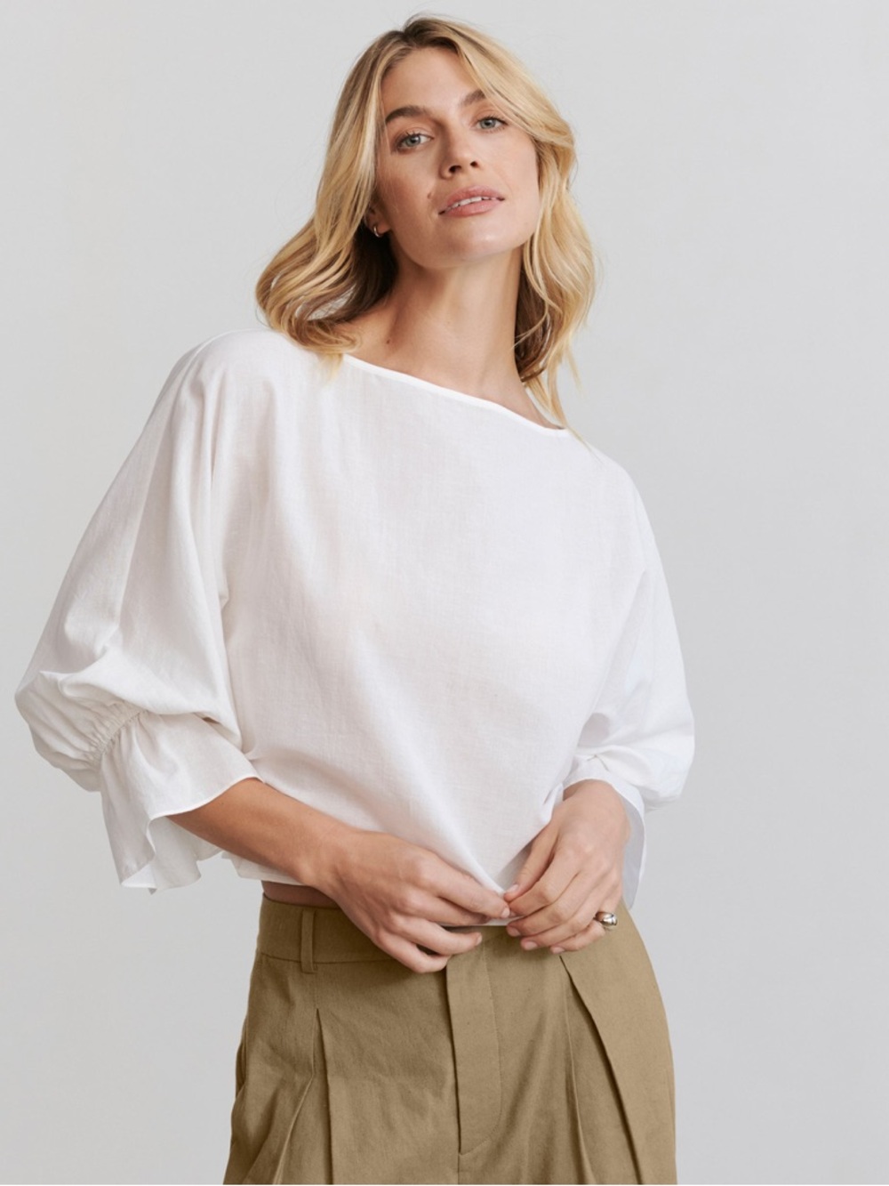 Jenni Kayne White Cotton Linen Cropped Blouse Bell Sleeve Top Size M